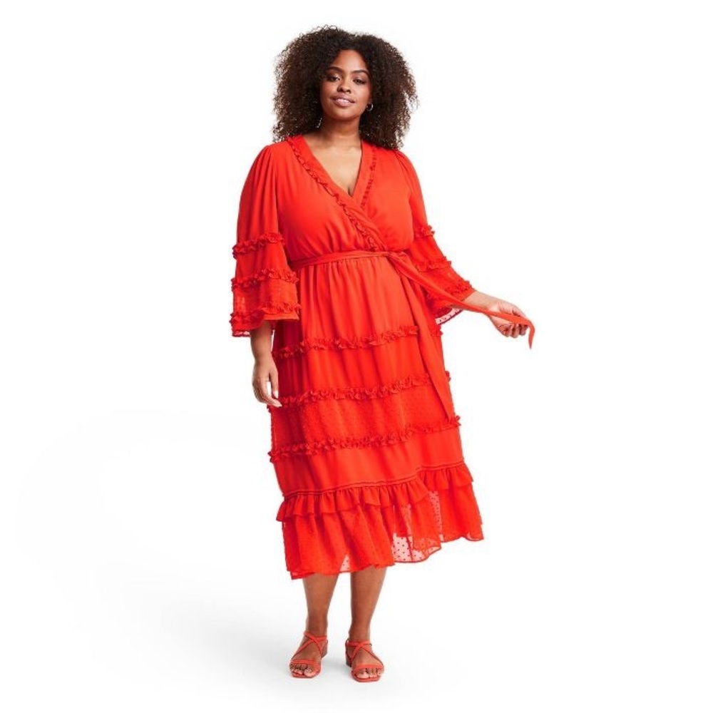 ALEXIS Angle Sleeve Orange Tier Ruffle Wrap Dress